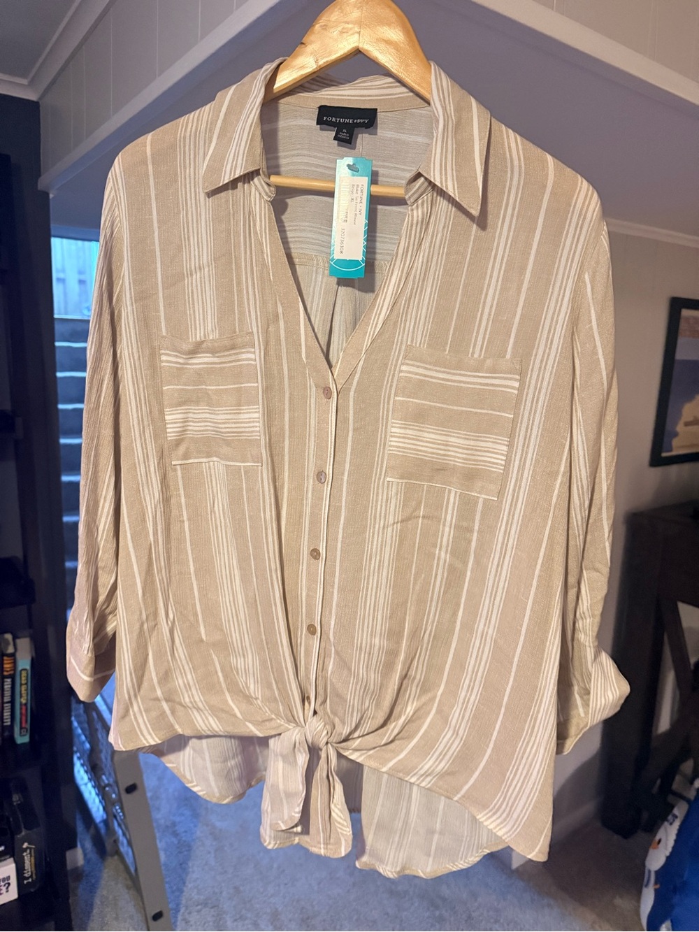 Light Beige Striped Tie-Front Button-Up Shirt - Women